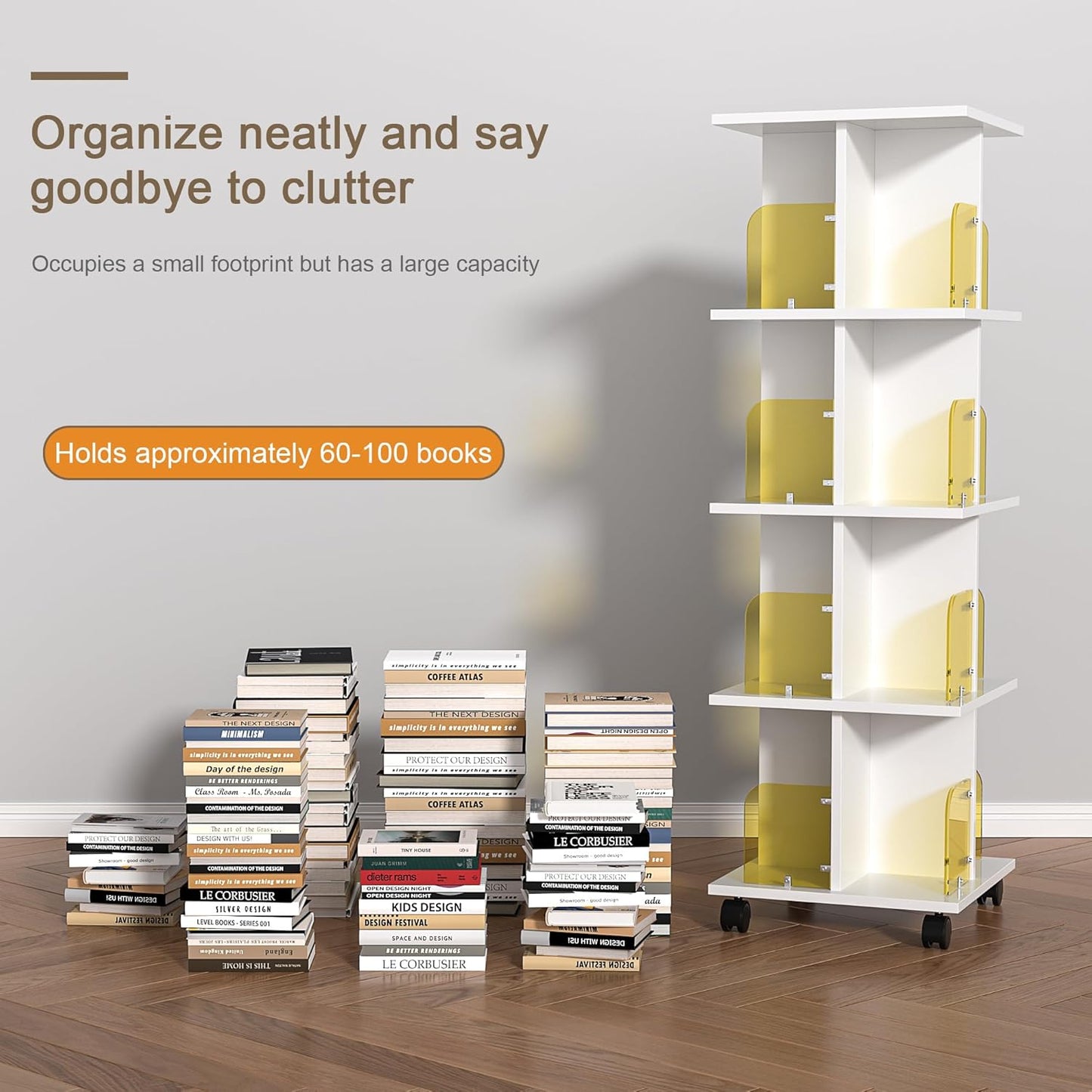 VECELO Rotating Bookshelf with Brake Wheels, 360°Display 4 Tier Floor Stackable Spinning-Bookshelf Tower for Kids&Adults, Revolving Bookcase for Small Space,Corner(White)