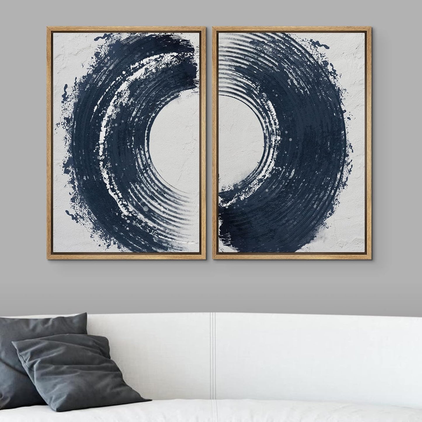 SIGNWIN Framed Canvas Print Wall Art Set Black Gray Pastel Paint Stroke Spiral Ring Abstract Shapes Illustrations Modern Minimal Decorative for Living Room, Bedroom, Office - 24"x36"x2 Natural