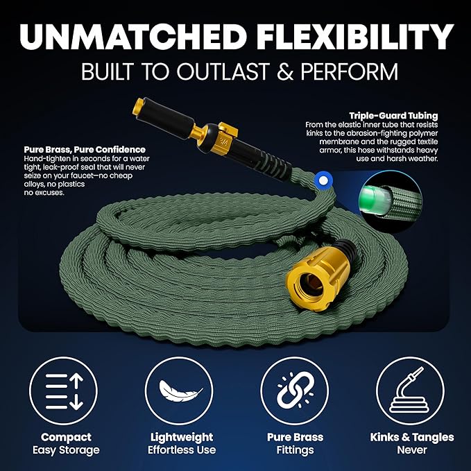 TITAN Flexible Garden Hose 10FT – Ultra Lightweight, Heavy Duty Water Hose with Brass Fittings & Jet Nozzle – Kink-Free, Non-Expanding, Durable Fabric Hose for Yard, Lawn, Car Wash, Outdoor Use