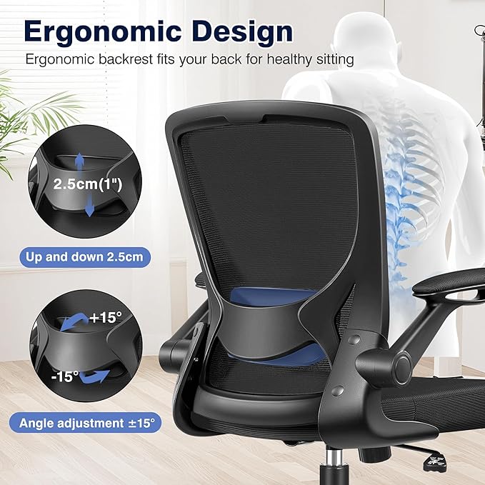 Ergonomic Office Chair, Mesh Computer Chairs with Lumbar Support, Swivel Desk Chair with Flip-up Arms and Adjustable Height, Black