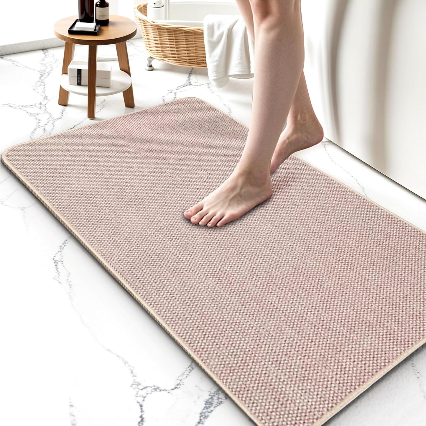 Upgraded Bathroom Rugs 20x24Inch, Thin Bath Mat with Rubber Backing Non-Slip, Absorbent,Quick Dry Machine Washable, Home Decor Accessories Cozy Cloth Bathroom Mat fit Under Door/Sink/Tub/Shower-Biege