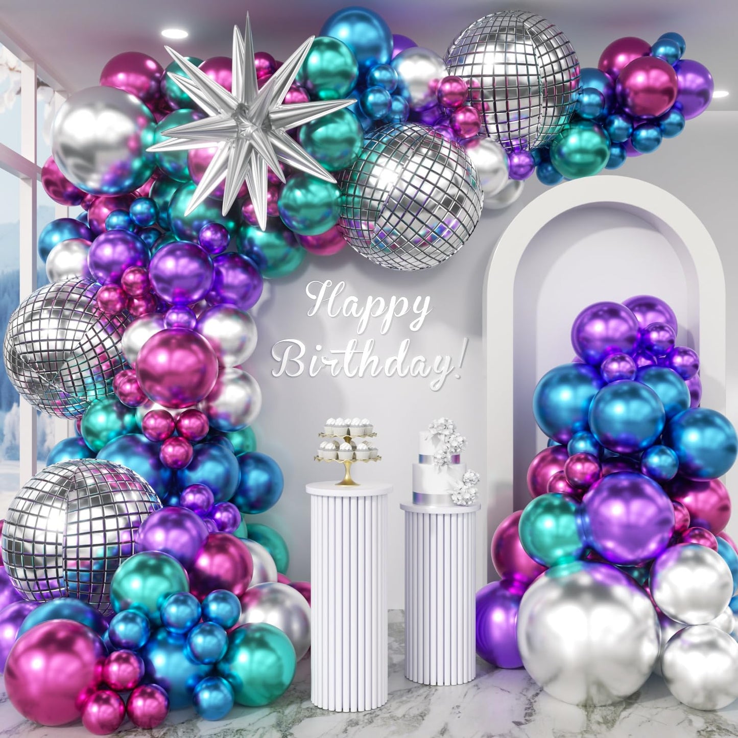HKYOOD Disco Balloons Garland Arch Kit - 22 18 12 10 5 inch Metallic Purple Blue Hot Pink Green Silver Chrome Disco Balloon with for Birthday Sing Themed 70S 80S 90S Bachelorette Party Decorations