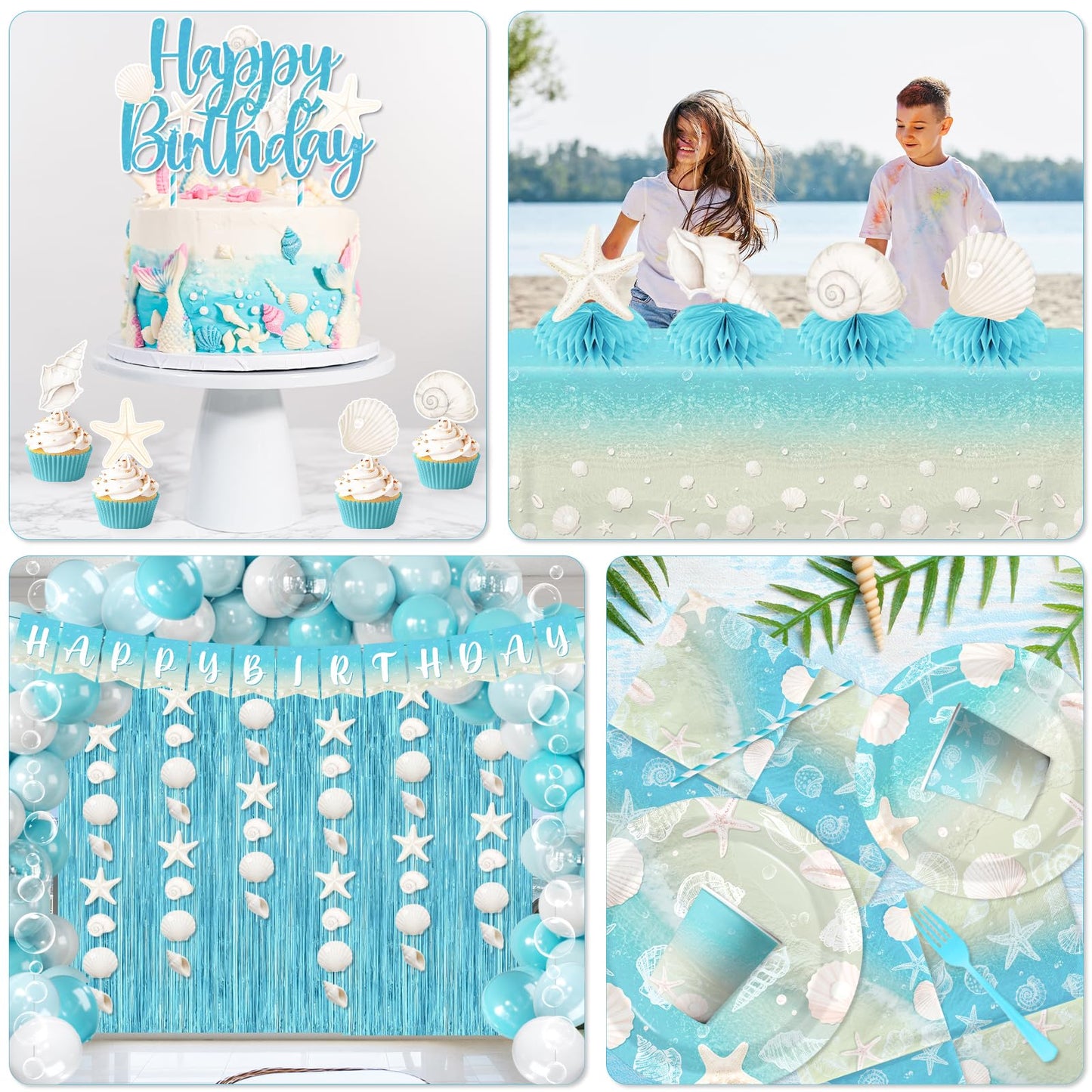 Beach Birthday Party Decorations, All-in-1 Ocean Themed Party Decorations with Balloon Arch Fringe Backdrop Seashell Bubble Garland Plates Napkins Centerpieces Cake Topper for Coastal Party, Serve 24