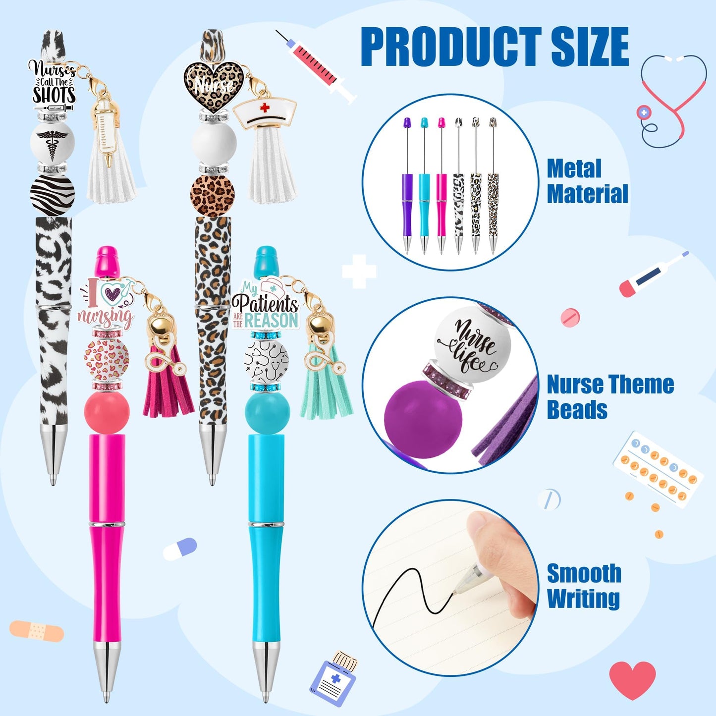 COcnny Nurse Beadable Pens for Women - 12 Set Nursing DIY Ballpoint Craft Making Kit with Bead Craft, Leopard Beaded Pen Bulk Charm Tassel Supplies for Nurse Week Hospital Appreciation Gift