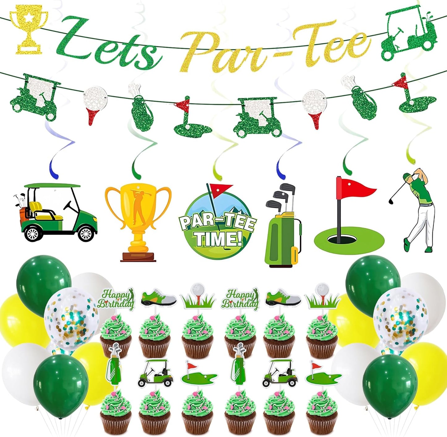 Golf Birthday Decorations Party Supplies - 36 Pcs Lets Par-Tee Banner Balloons Hanging Swirls Cupcake Toppers For Golf Theme Party Decor