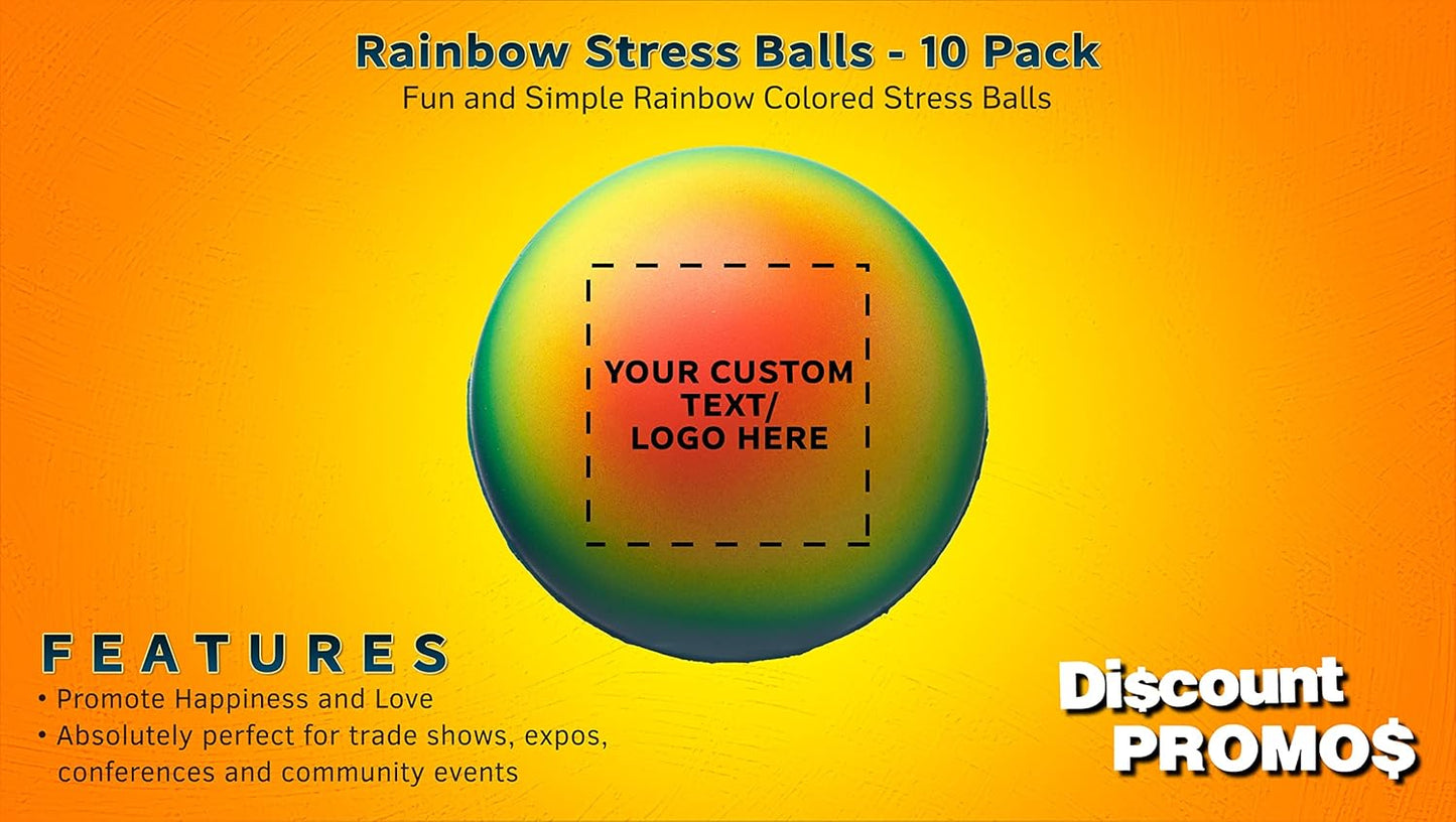 DISCOUNT PROMOS Custom Rainbow Squeeze Balls Set of 10, Personalized Bulk Pack - Perfect for Promotional Giveaways - Rainbow
