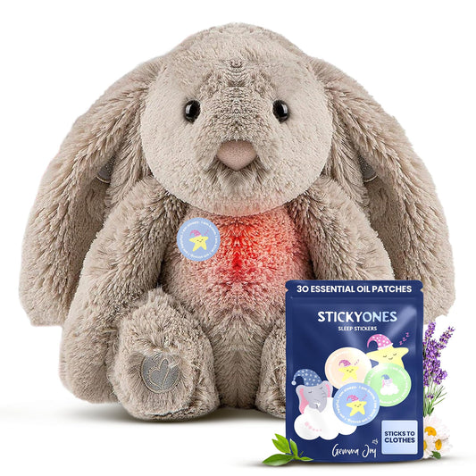 Gemma Joy Bedtime Baby Soothers & StickyOnes Sleep Patches - Cry Activated Heartbeat Bunny Plush Toy, Stuffed Animal with Calming Light & All-Natural, No Melatonin Bedtime Patches for Kids and Baby