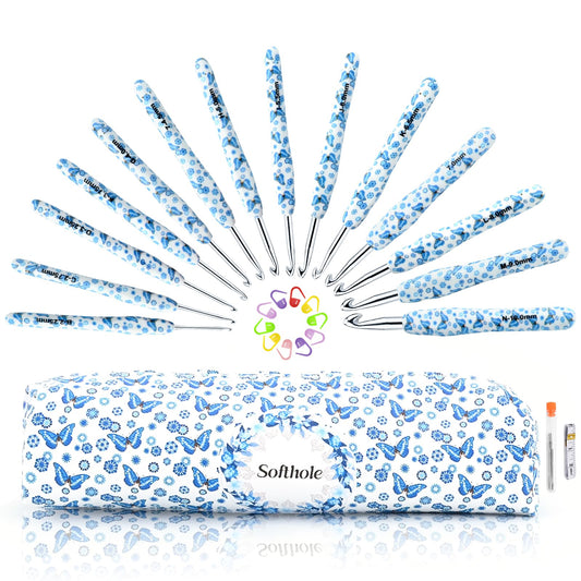Ksheria Crochet Hooks Set with Case 14 Size Blue Butterfly Flower Pattern for Arthritis Hands, 2.25mm(B)-10mm(N) Crochet Needles for Beginners Christmas Gift New Year's Presents Crochet Lovers