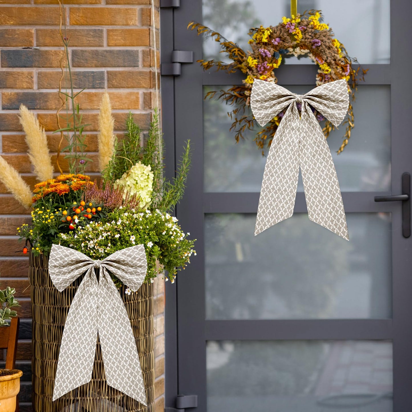 HunnmingRe 2 Pcs Driftwood Block Print Bow Wreath Sash 24 x 16 Inch Christmas Wreath Sash for Front Door Holiday Floral Burlap Bow Accessories for Doorway Indoor Outdoor Garland Home (Beige)