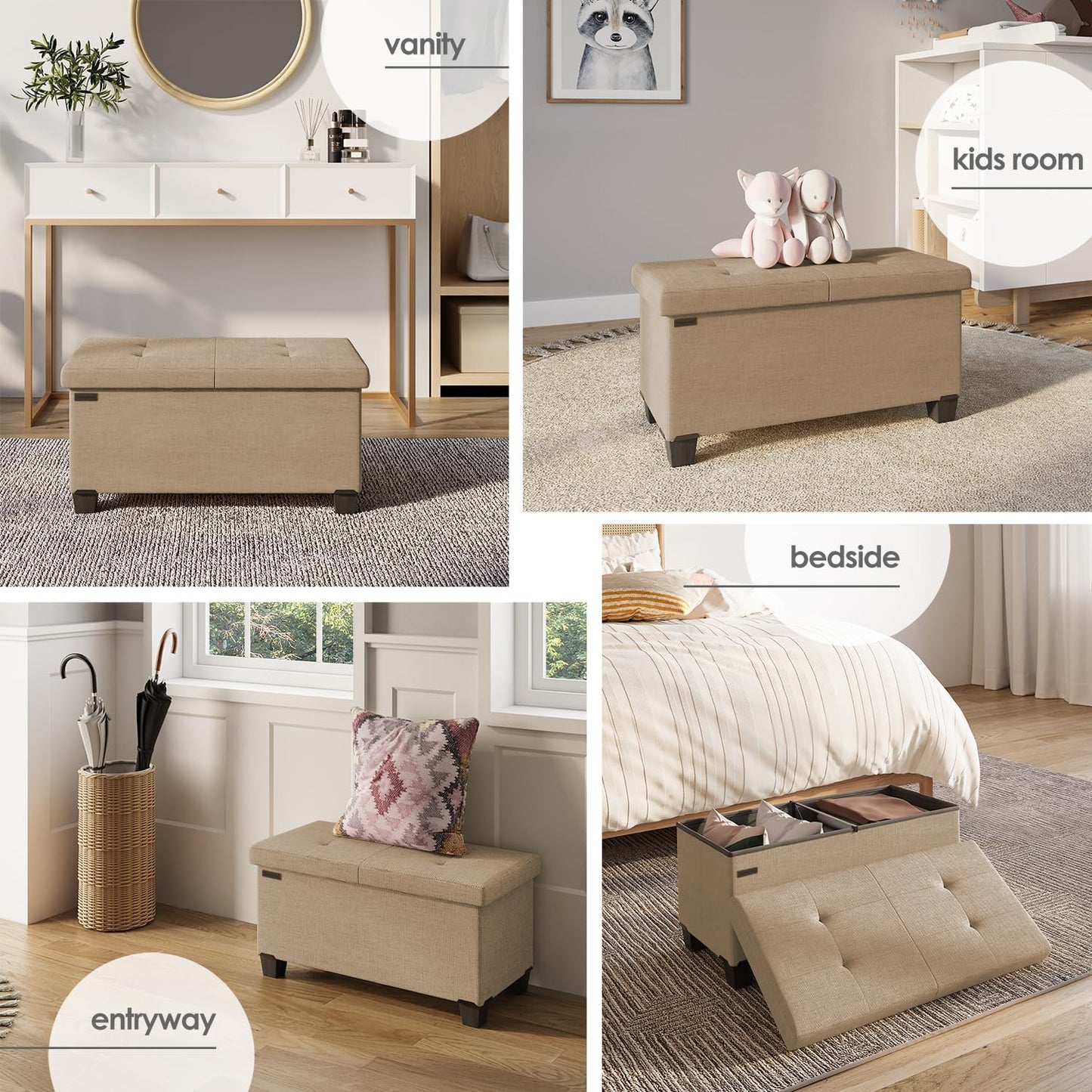 STORAGEBUD Storage Ottoman Bench with Bins, 30-in Storage Bench for Bedroom End of Bed, Folding Foot Rest Ottoman for Living Room Max 660lbs, Fabric Ottomans, Taupe
