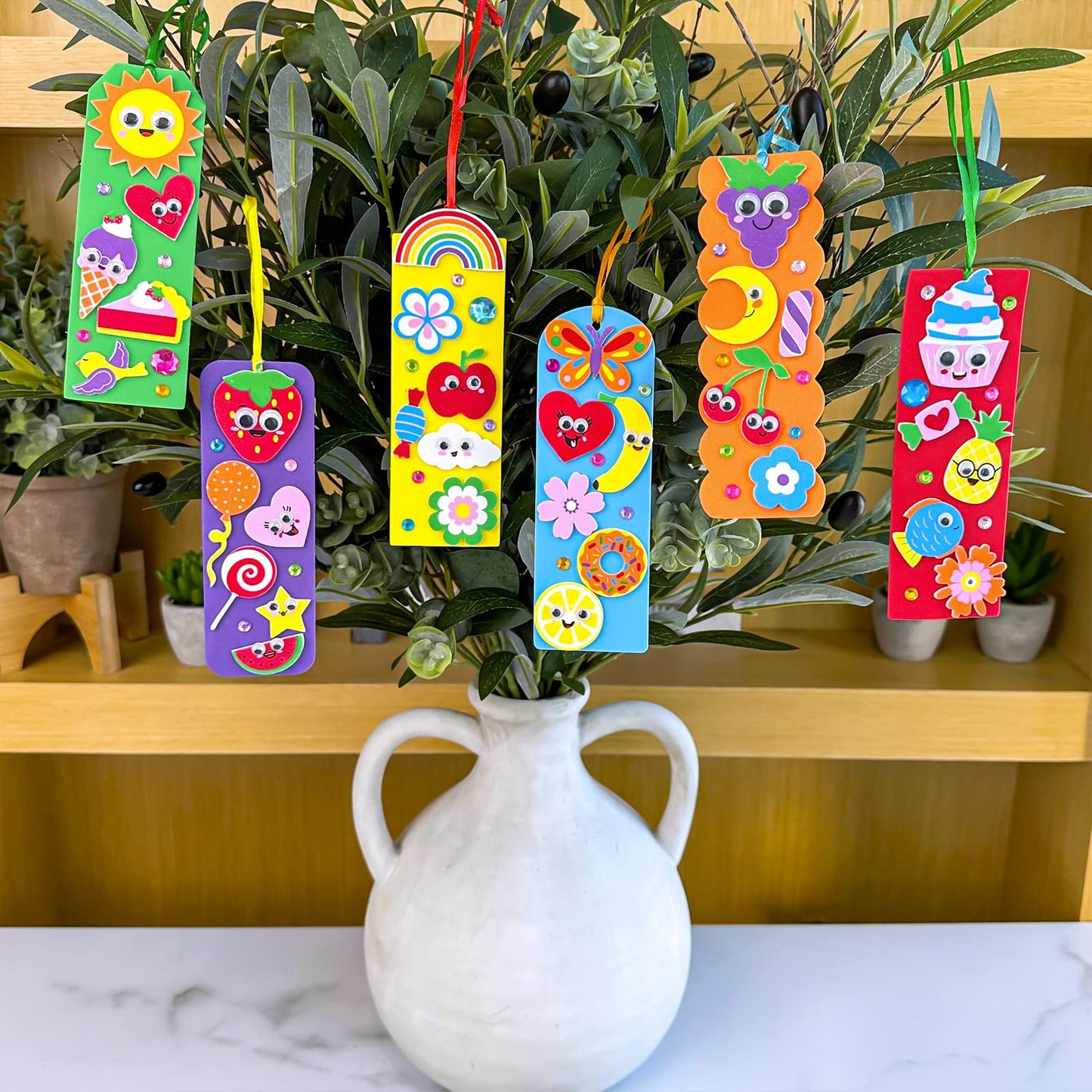 Winlyn 36 Sets Summer Crafts Kits DIY Whimsical Bookmarks Decorations Art Sets Fruits Treats Animals Sun Rainbow Foam Stickers for Kids Classroom Activities Reading Rewards Birthday Camp Party Favors