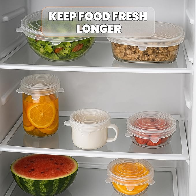6pcs Silicone Stretch Lids – Reusable Food Covers for Bowls, Cups, Jars, and Containers – Durable, Expandable, Airtight Seal to Keep Food Fresh and Reduce Waste