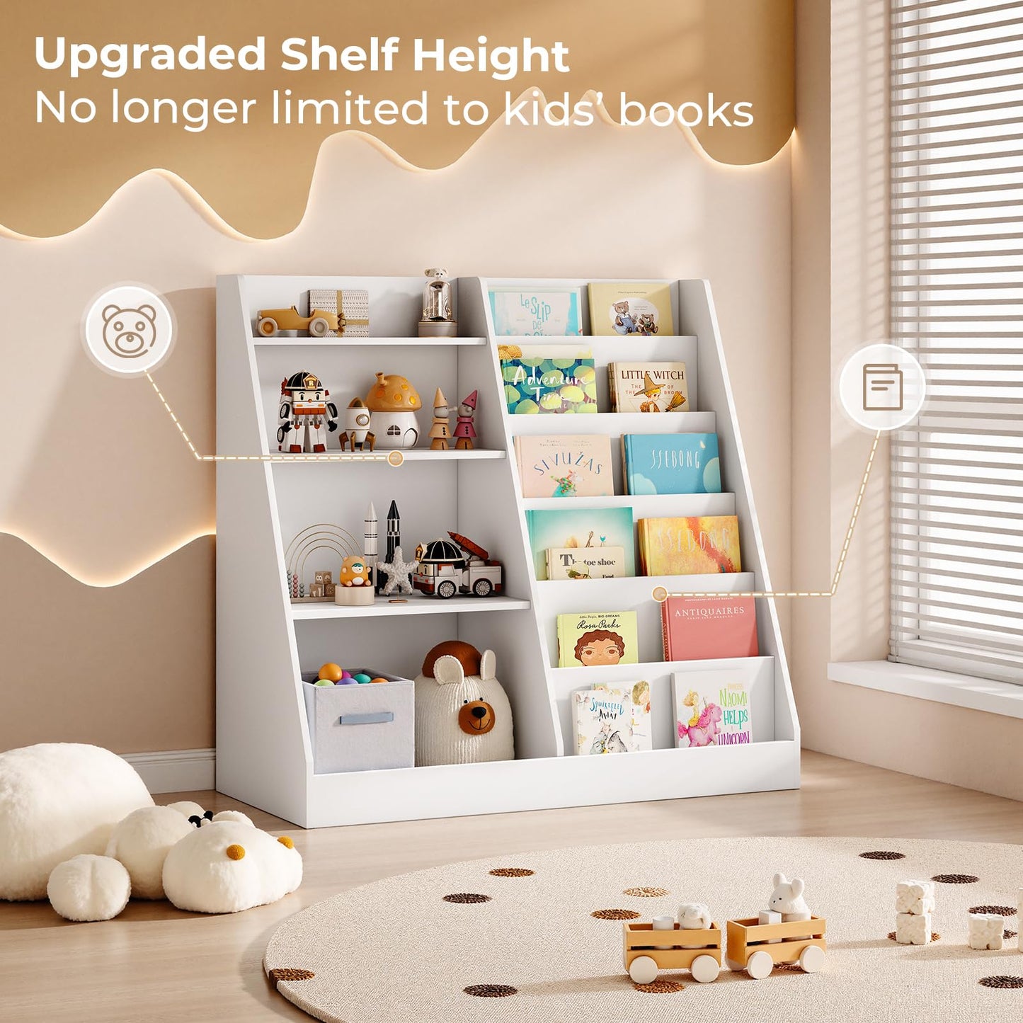Tatub 6 Tier Kids Wooden Bookshelf and Toy Storage, Children Toy Organizer with Upgraded Book Shelves, Toddler BookRack Baby Bookcase for Nursery, Playroom and Classroom, White