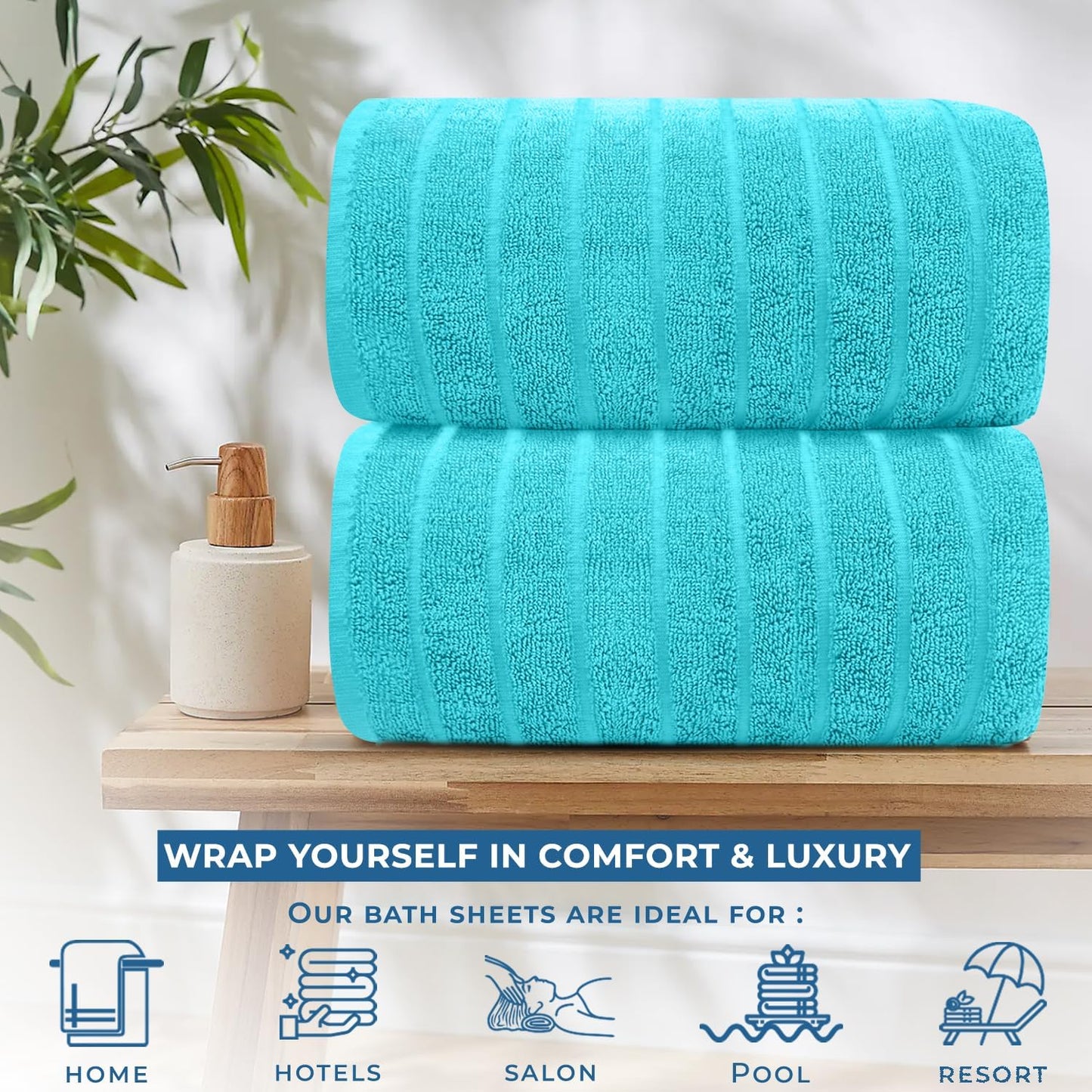 DAN RIVER Pack of 2 Bath Sheet 35x70 Inches, Ribbed Jumbo Bath Sheets for Adults, Thick and Absorbent Large Towels - Aqua