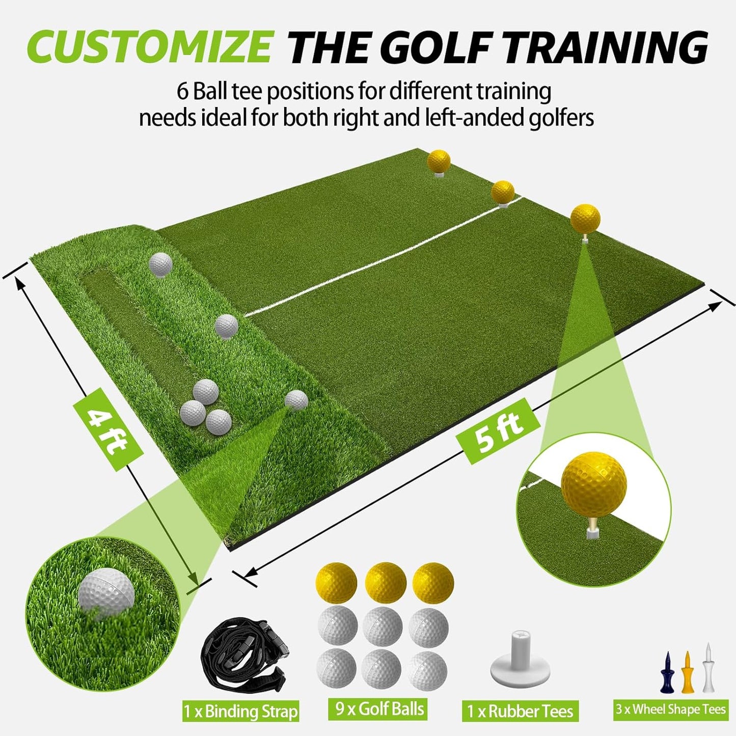 Dual-Turf Golf Mat with Ball Tray, 5x4FT 21mm/50mm Thickened Golf Hitting Mat for Indoor/Outdoor Practice, Turf Driving Range Mat for Golf Simulators and Chipping Swing Driving Training