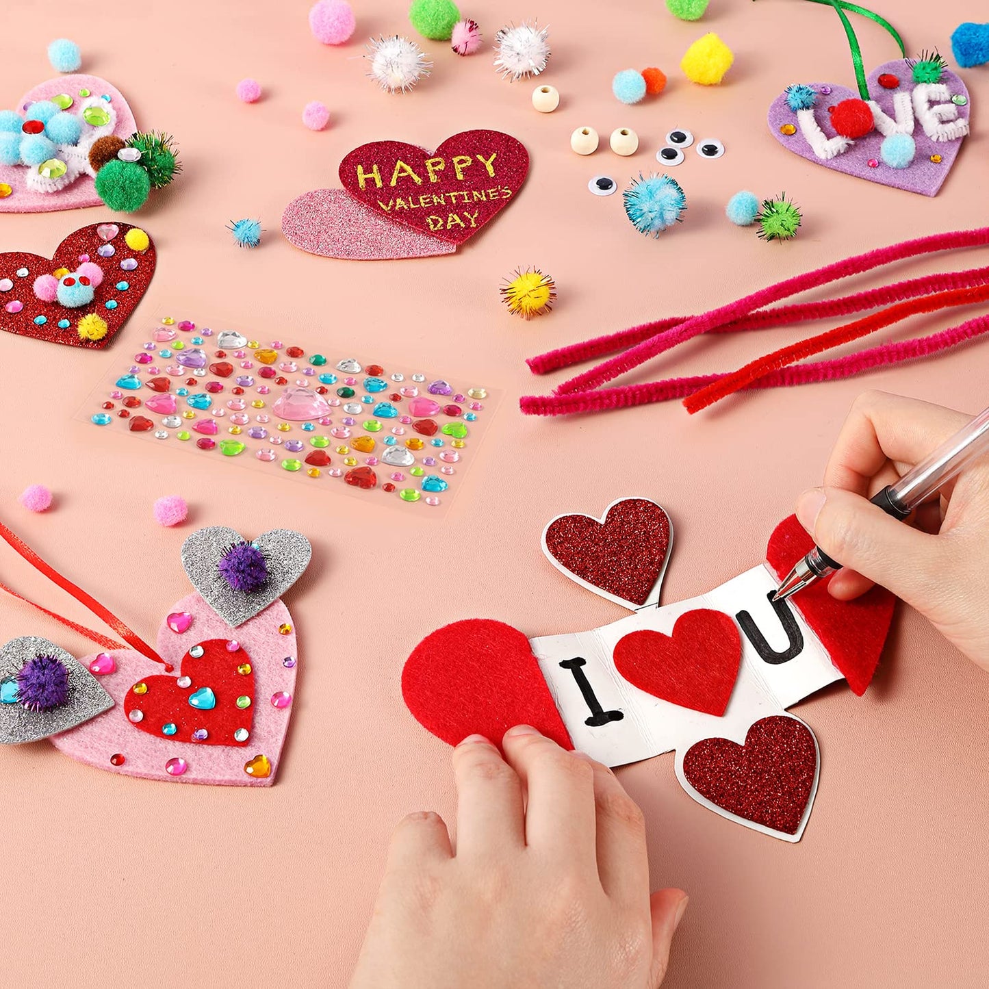 Valentine's Day Crafts for Kids - 361PCS DIY Heart Craft Set for School Gift, 108 Hearts, 50 Googly Eyes, 60 Pom Poms, 36 Wooden Beads, Craft Supplies for Party Favor Decoration