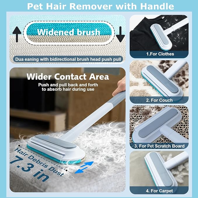 4 in 1 Window Screen Cleaning Brush with Handle, Wet and Dry Window Cleaner with Squeege, Dog and Cat Hair Remover, Suitable for Furniture, Carpet, Clothes, Bedding, Window Screen