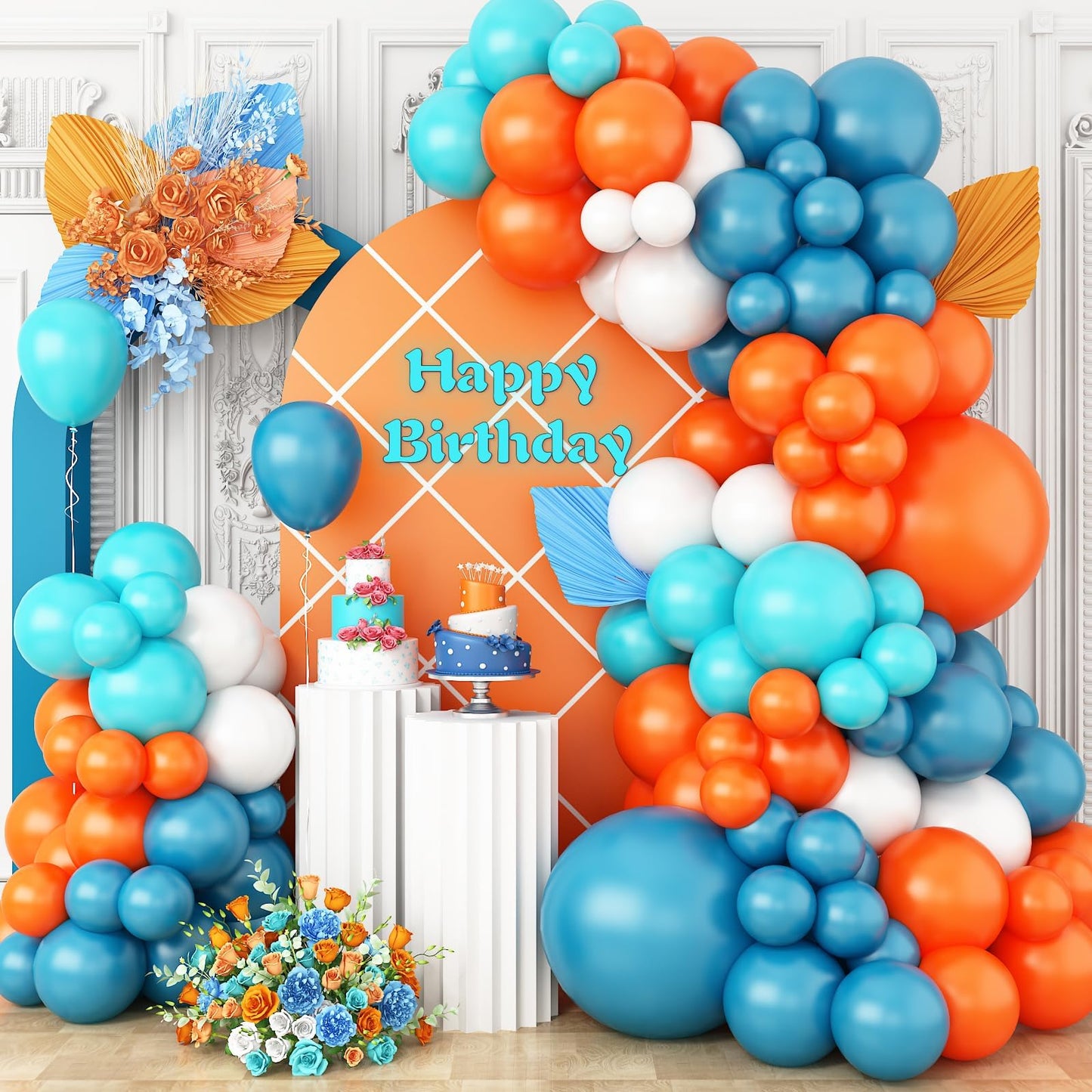 GRESATEK Orange-Blue-White Balloon Arch Garland Kit, Teal Blue Peacock White Latex Balloons, Blue & Orange White Party Balloons for Birthday, Wedding, Baby Shower, Party Supplies
