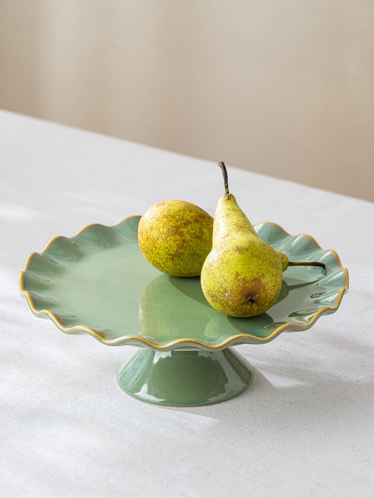 YHOJOY Cake Stand Ceramic, Small Cake Stand for 8 Inch Cake, Vintage Dessert Stand with Ruffle Trim for Mother's Day, Decorative Pedestal Cake Plate Cupcake Stand for Tea Party, Teal