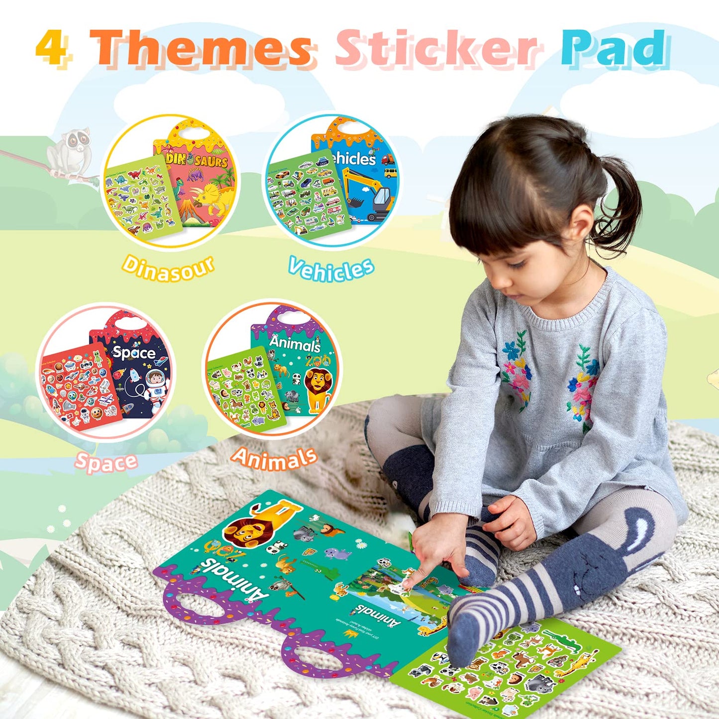 Reusable 4-Set Sticker Books for Toddlers 2-4, Toy Stickers Pad Reusable Sticker Books for Toddlers 1-3 Fashion Activity, Birthday Gift Toy for Girl Boy(Animals, Dinosaurs, Space, Vehicles)