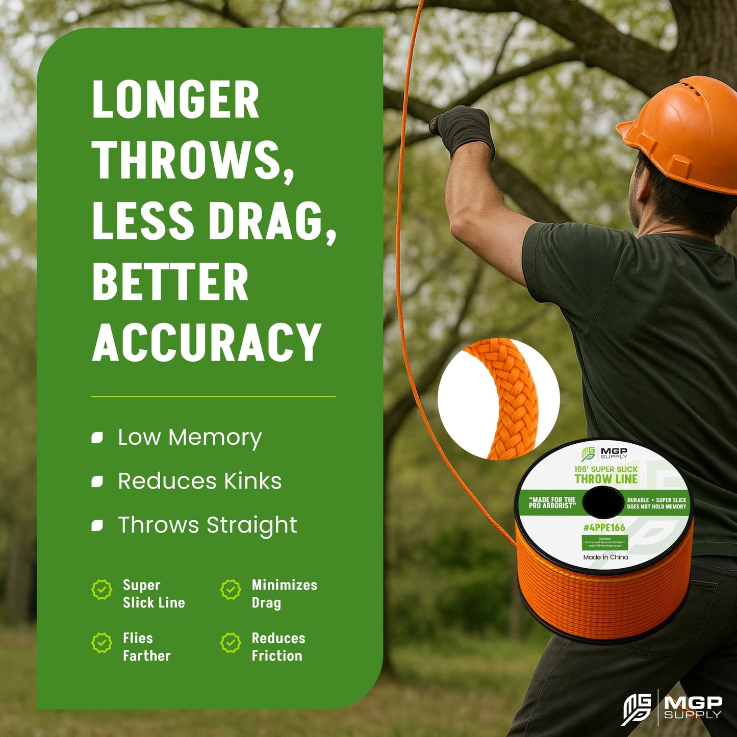 MGP SUPPLY Arborist Throw Line Kit | 11oz Throw Weight & 166ft Rope | Ultra Slick 100% Polyester Rope | Arborist Equipment For Tree Climbing
