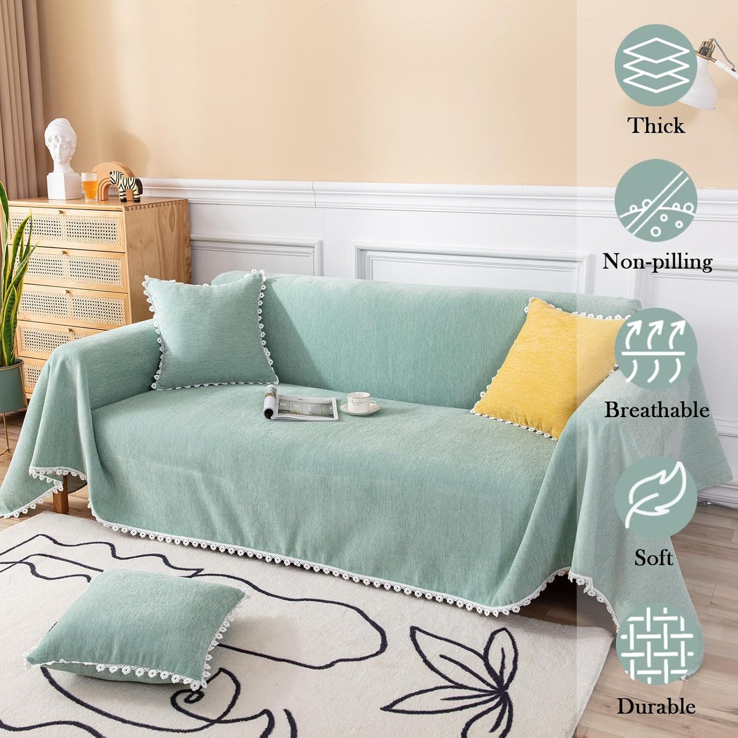 HANDONTIME Light Green Couch Covers for 3 Cushion Couch Sofa Cute Sofa Covers Chenille Couch Cover for Dogs Sectional Sofa L Shape Futon Couch (71" X134", Green)