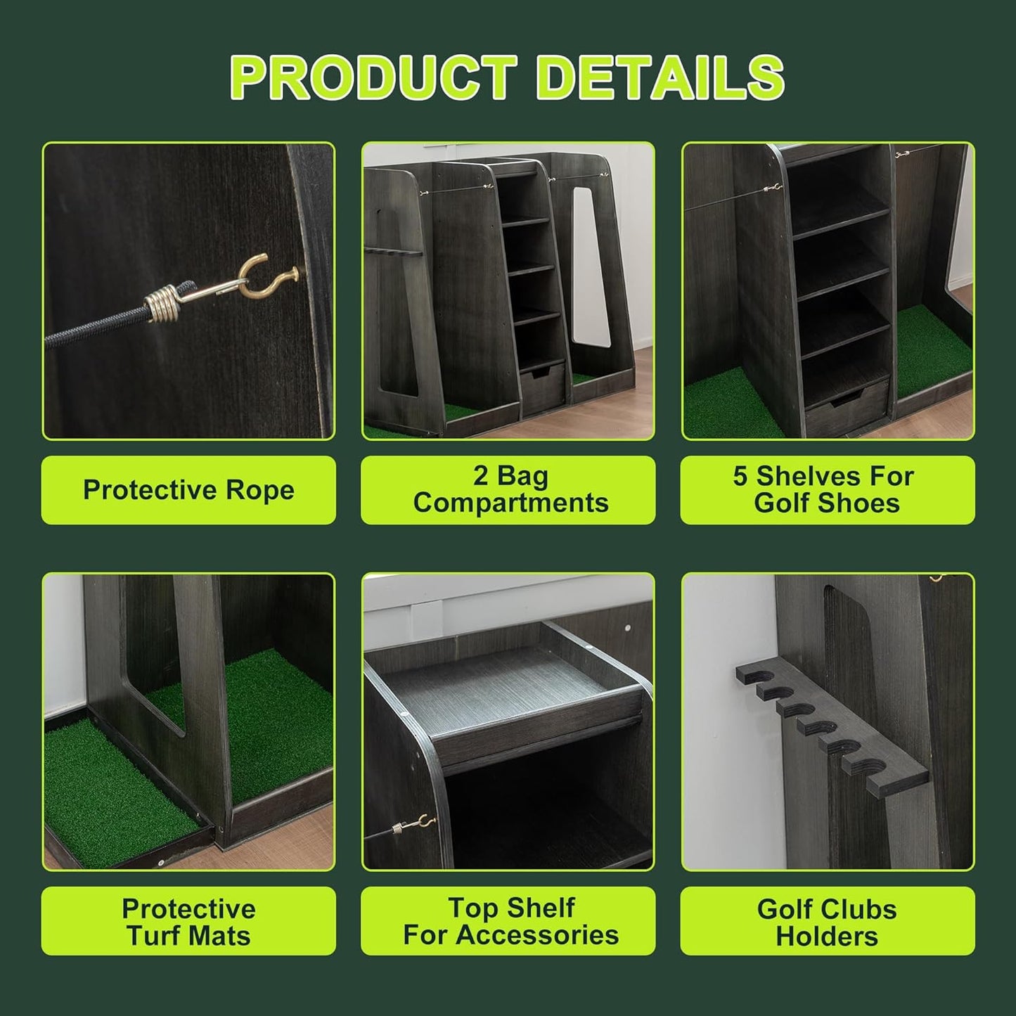 Golf Bag Organizer Storage Rack Large Wooden for 2 Bags, Golf Club Stand Holder with Drawer, Sports Equipment Rack for Garage, Practice Room, Home or Office