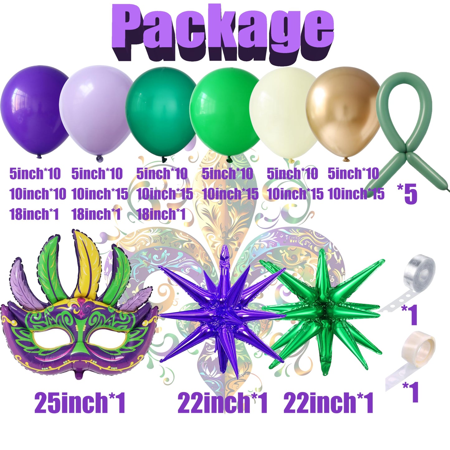 Mardi Gras Purple Green Yellow Gold Balloon Garland Arch Kit 156Pcs with Large Mardi Mask Explosion Star Foil Balloons for Carnival Birthday Masquerade Party Decorations Fat Tuesday Party Supplies