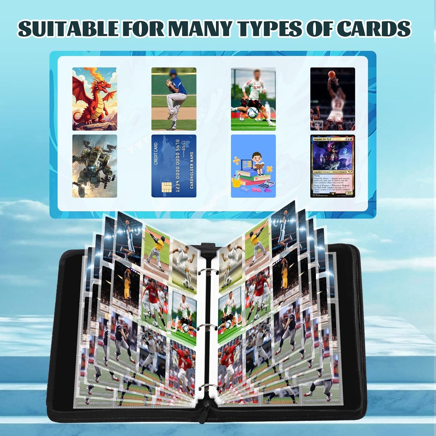 900 Pockets Soccer Card Binder for Soccer Trading Cards Collectors, Portable Waterproof Card Storage Bag with Removable Sleeves, Compatible with Soccer, Football,Sports Game and TCG Cards