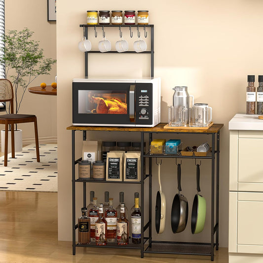 Baker's Rack for Kitchen with Storage, Microwave Stand with Adjustable Shelves and 10 S Hooks, 6-Tier Coffee Bar Station, Kitchen Shelves for Spices, Pots, Rustic Brown