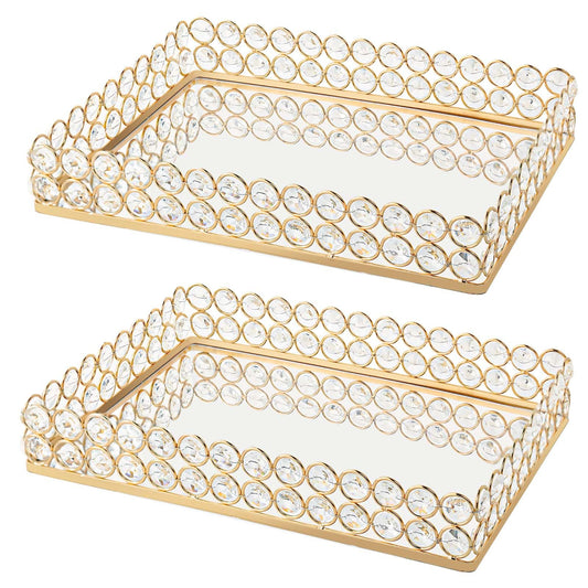 KEHAIL 2 Pcs Gold Metal Crystal Mirror Tray - 11.2"x8.1" Table Centerpieces Tray, Multi-Functional Display for Flowers/Cupcakes/Jewelry, Vanity Organizer & Wedding Dessert Table Accent