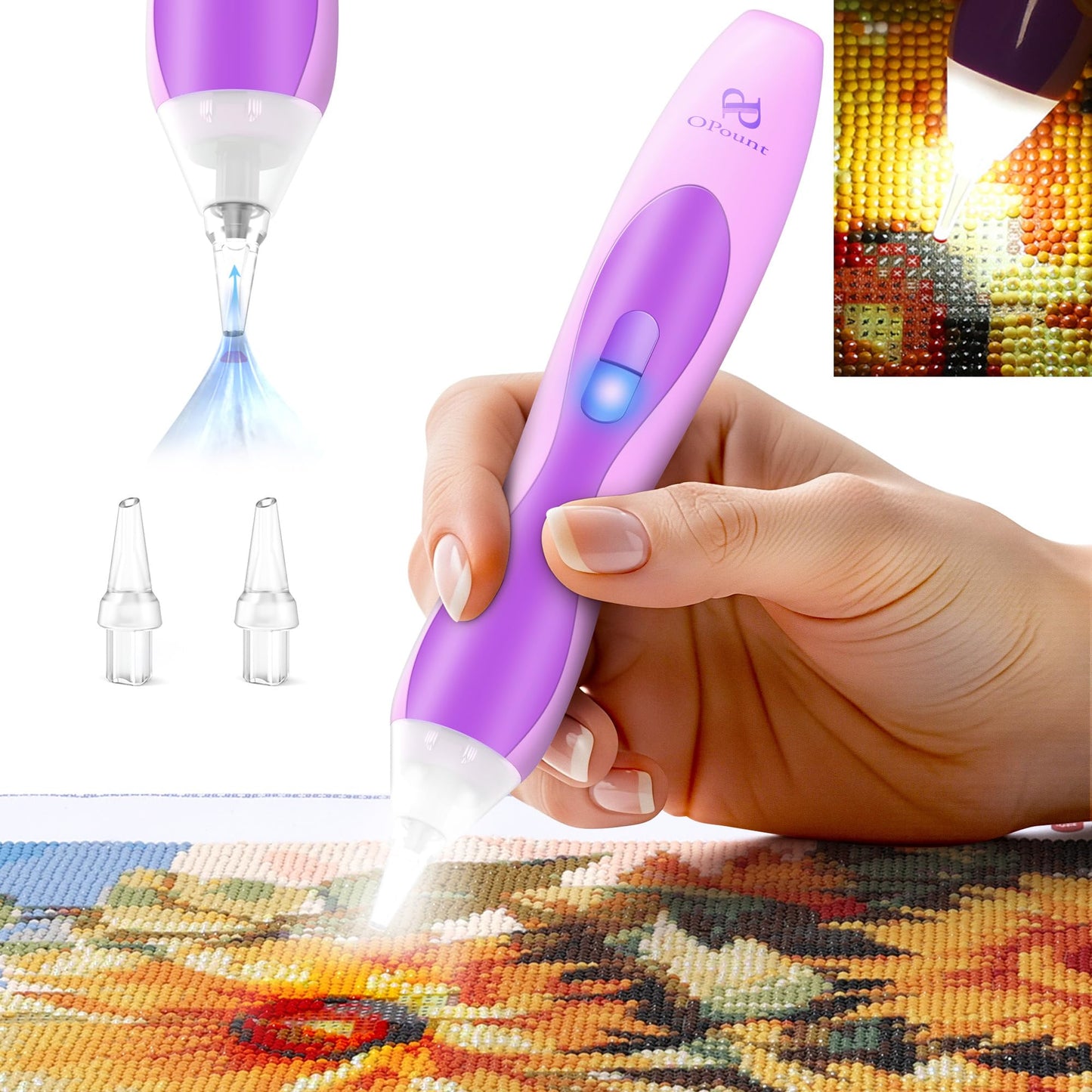 Electric Diamond Art Pens with Light, Diamond Art Kits for Adults, Wireless, Rechargeable, 3 Brightness Levels, Ergonomic Grip and Extra Tips, Quiet Suction Diamond Painting Pen