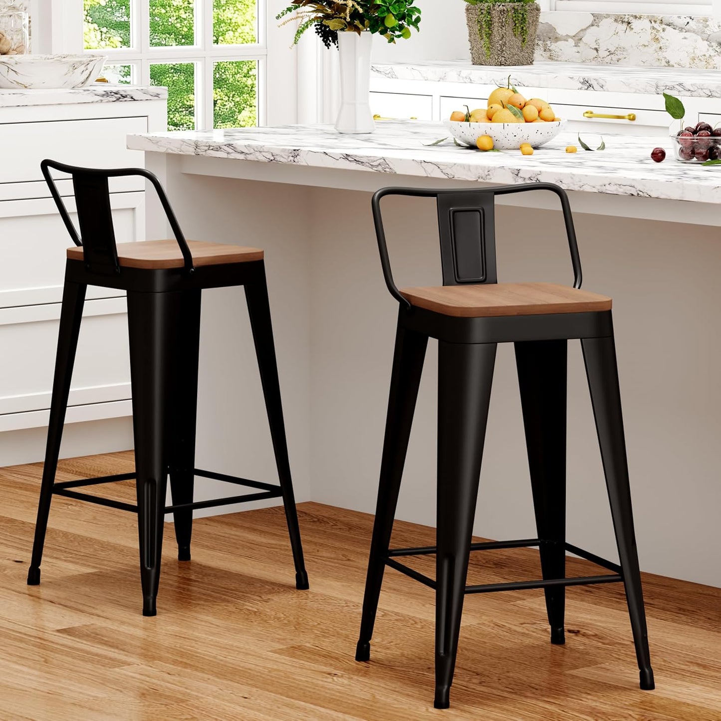 WENTMENT Metal Bar Stools Set of 2 Counter Height Barstools with Removable Back 26" Kitchen Bar Stools with Wooden Seat, Black