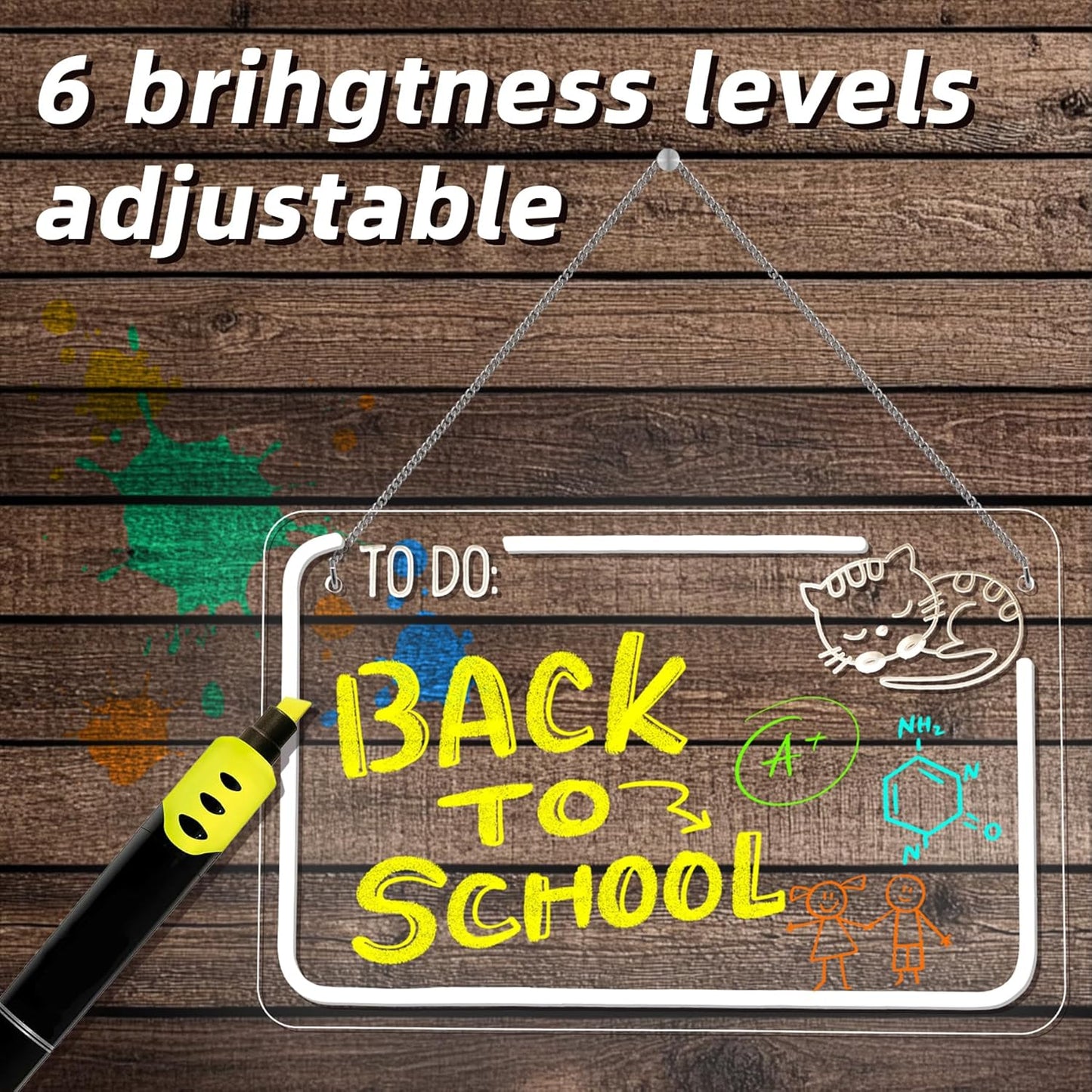 NOSUN CAT TO DO Kid LED Note Board 14.6*9.5” Acrylic Dry Erase Light Up Message Board with Chain and Stand, for Bar Salon Coffee Stores Club Hotel Kids With 7 Color Markers Glow Rewritable Memo Drawing Writing Board