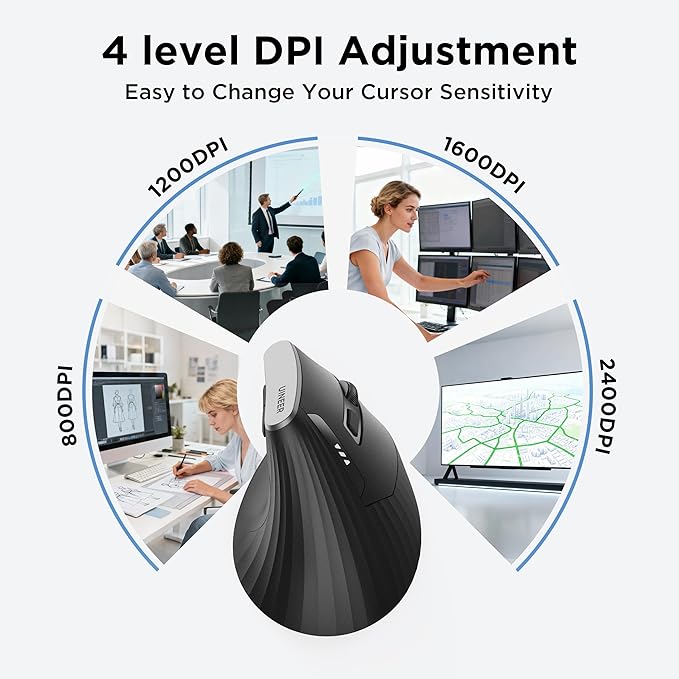 Ergonomic Mouse, Vertica Wireless Mouse 2.4G with USB A Receiver, 2400 DPI Optical Tracking Mice, 4 Adjustable DPI Levels, Rechargeable with Battery Indicator, Wide Compatibility for Windows, Mac OS