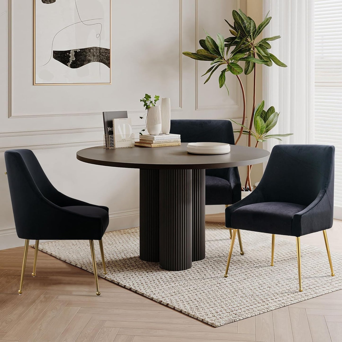 Modern Velvet Dining Chairs Set of 6, Contemporary Upholstered Furniture Collection with Polished Gold Metal Legs, Elegant Accent Chairs for Kitchen Living Room(Black)