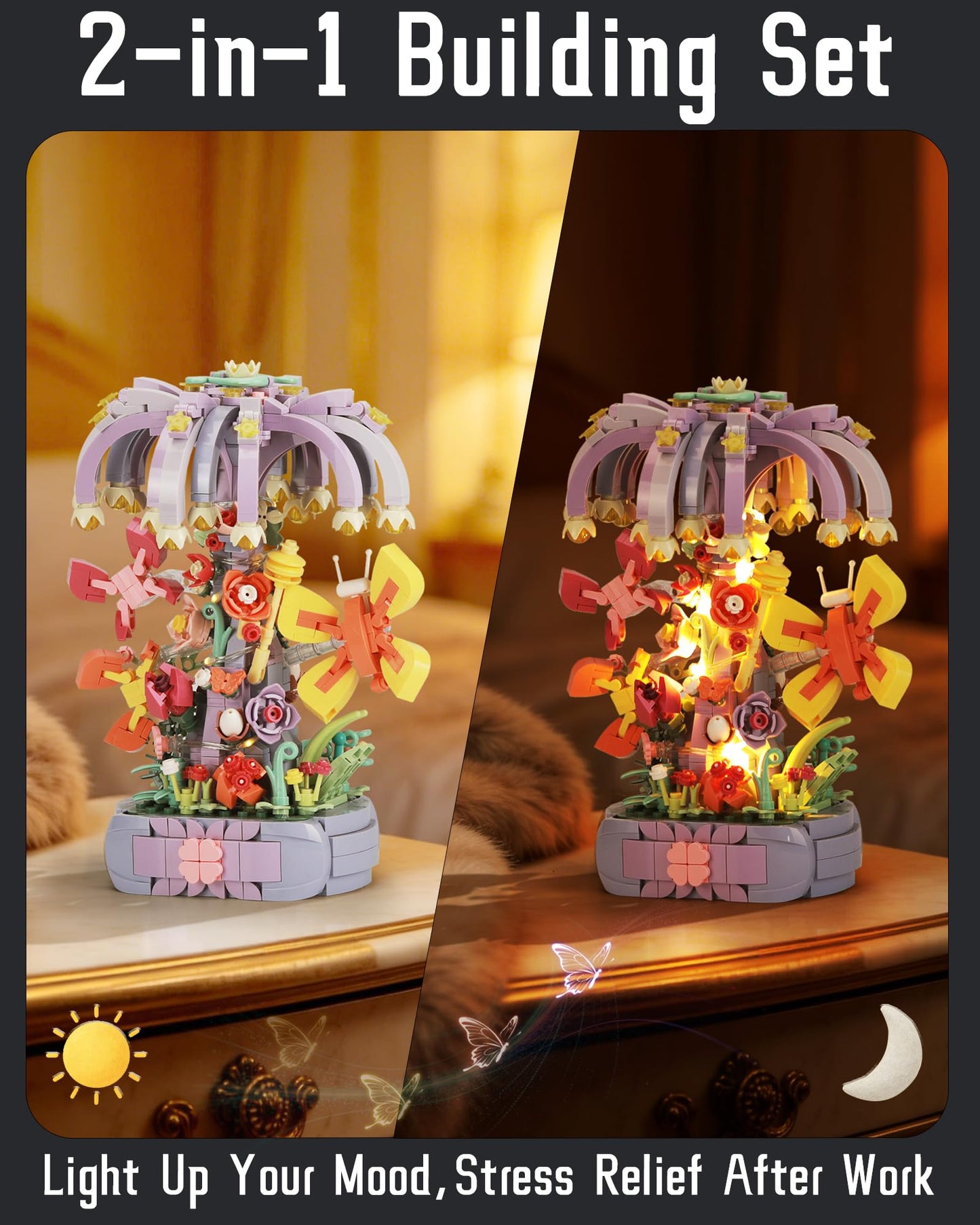 ZornRC Flower Building Blocks Set for Adults, Wishing Tree Artificial Flower and Butterfly, Botanical Collection Kit, Gift for Mother's Day, Birthdays, and Anniversaries, Home and Office Decor