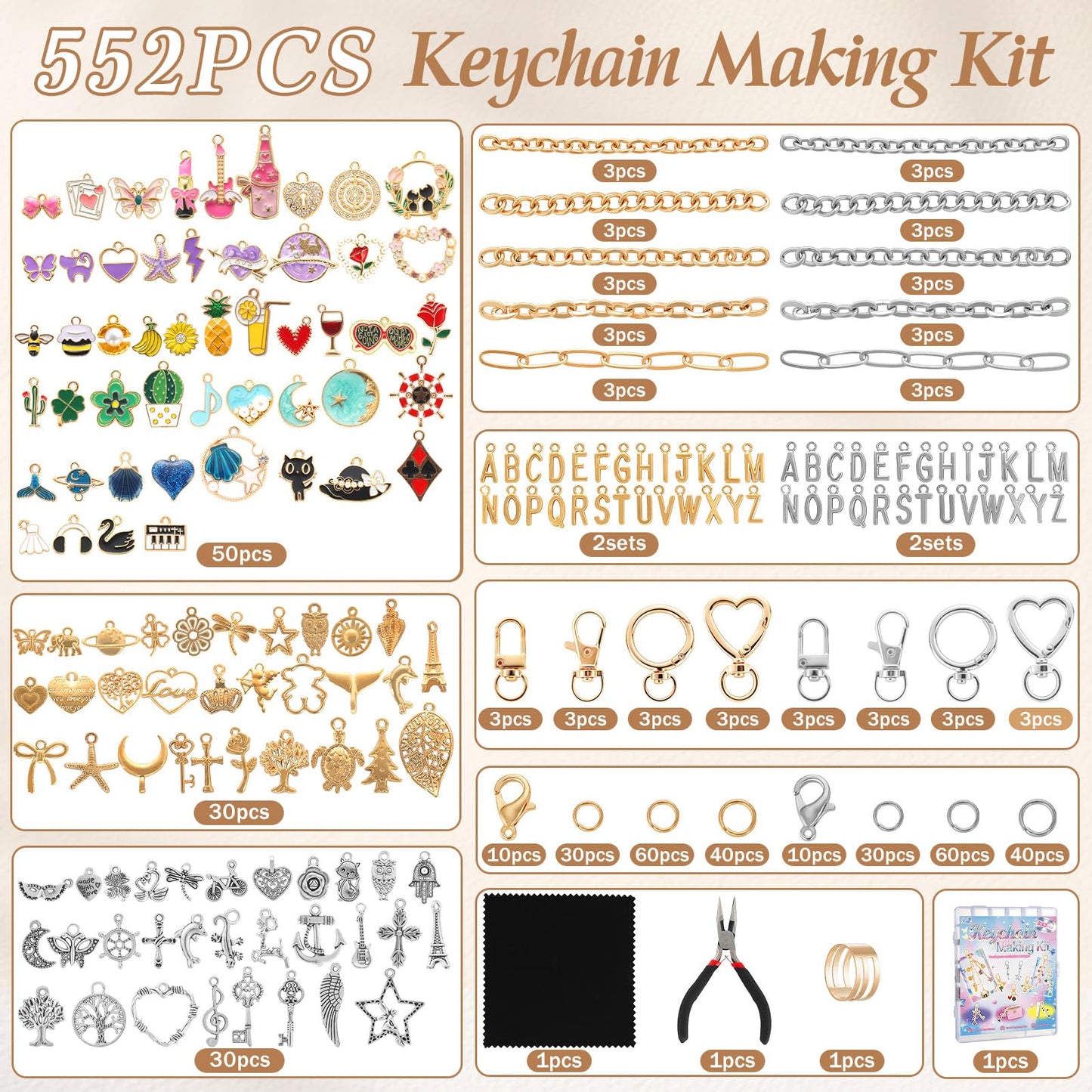 Zefy 552Pcs Charms Lip Gloss Keychain Making Kit, Gold Silver Bag Charm Kit, Including 214 Charms 24 Key Chain Clips with Organizer Box, DIY Craft Supplies for Jewelry Making and Gifts