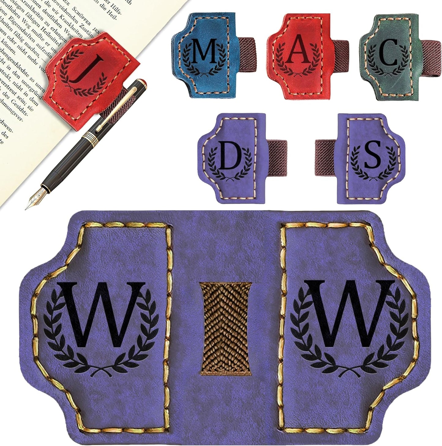 Bygone Mark Bookmark with Pen Holder, 26 Letters Name Initial Personalized Magnetic Bookmarks, Leather Book Mark for Men Women, Travelers Accessories, Teachers Readers Book Lovers Gifts (Purple, W)