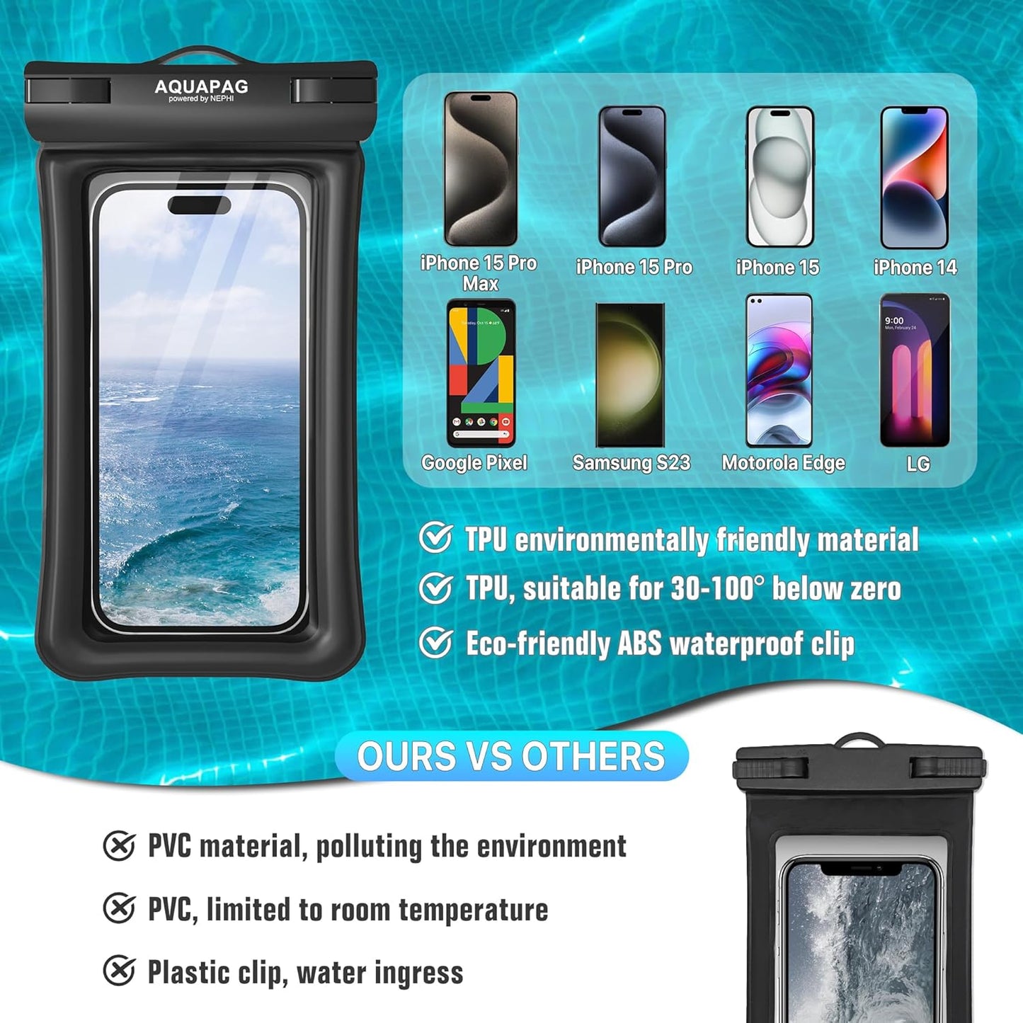 NEPHI IP68 Waterproof Phone Pouch 2 Pack-Up to 7.0"，Adjustable Neck Lanyard Floating Waterproof Phone Case for iPhone,Phone Dry Bags for Vacation Beach Pool Travel Essentials (Pink Blue 2 Pack)