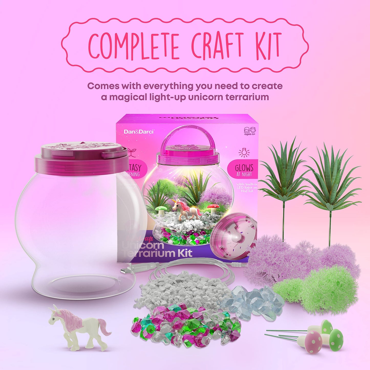 Dan&Darci Light-Up Unicorn Terrarium Kit for Kids - Kid Birthday Gifts - Best Unicorn Toys & Activities Kits Presents - Arts & Crafts for Girls & Boys Age 4 5 6 7 8-12 Year Old Girl Gift