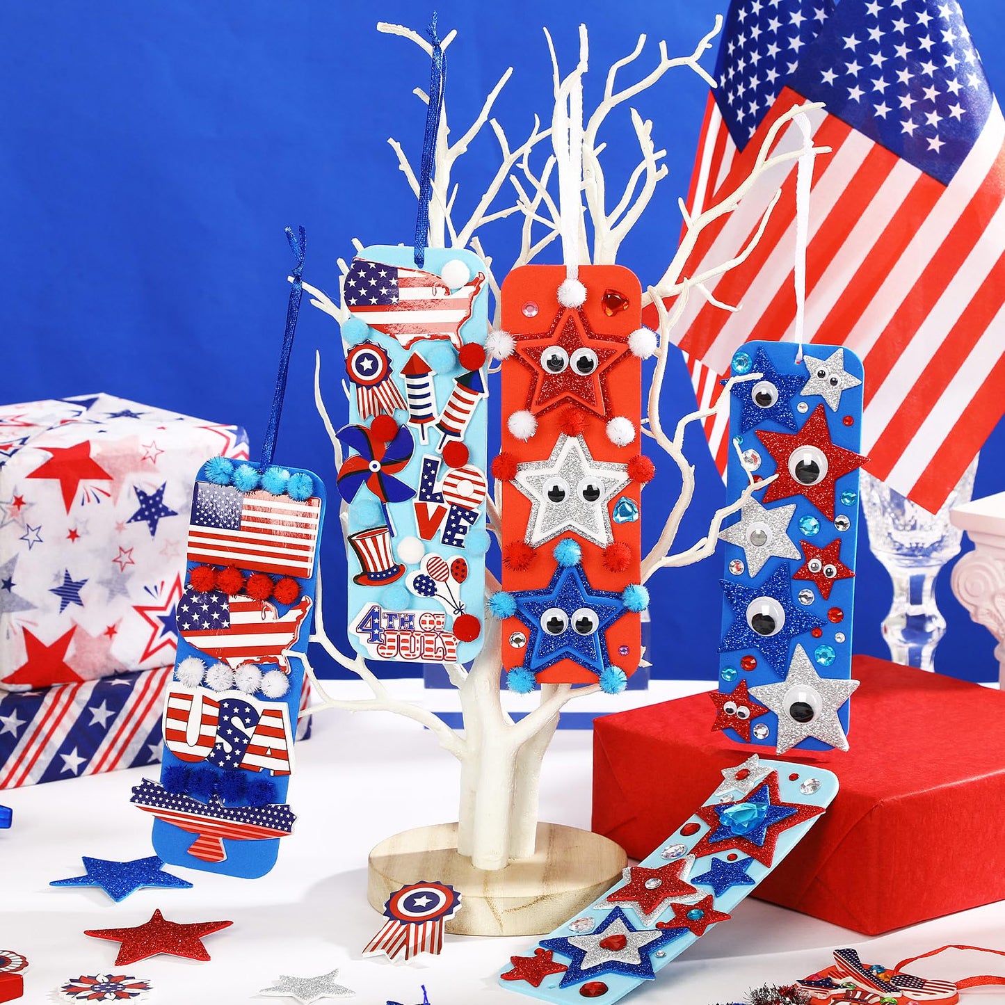 JULBEAR 36 Sets 4th of July Crafts Kits DIY Blank Foam Bookmarks Decorations Sets Patriotic Star Foam Self-Adhesive Stickers Arts for Kids Independence Day Party Favors Gift Exchange