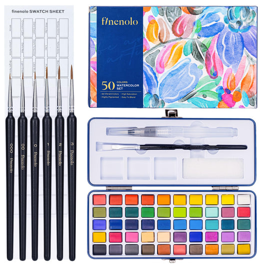 Finenolo 50 Colors Watercolor Paint Set with 8 Brushes (Water Brush + Detail Brushes), Mixing Palettes & Complete Accessories, Perfect for Beginners,Great for Outdoor Sketching, Painting Creation, Holiday Gifts