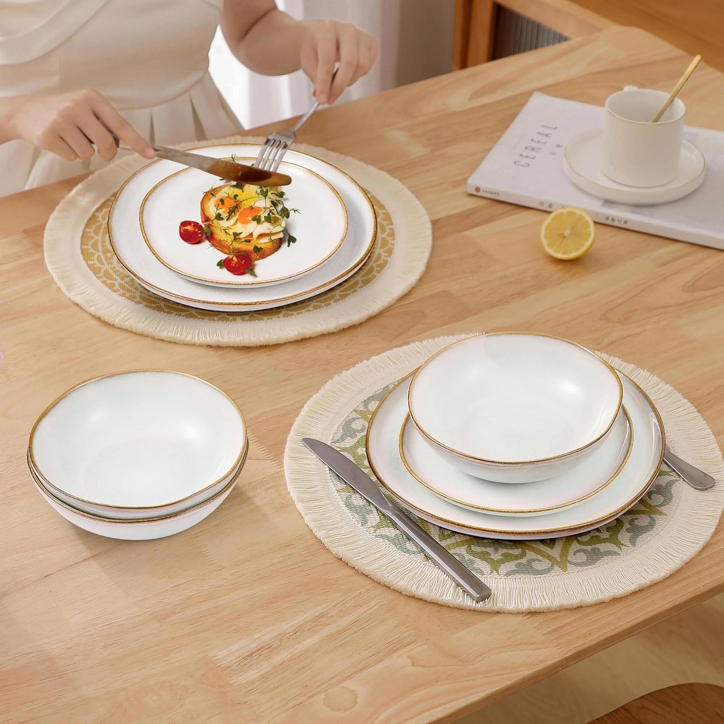 Herogo 18 Piece Stoneware Dinnerware Sets for 6, Plates and Bowls Dinner Dish Set, Irregular Handmade Dinning Ware Dishware for Home Kitchen, Microwave & Dishwasher Safe, Pearl White