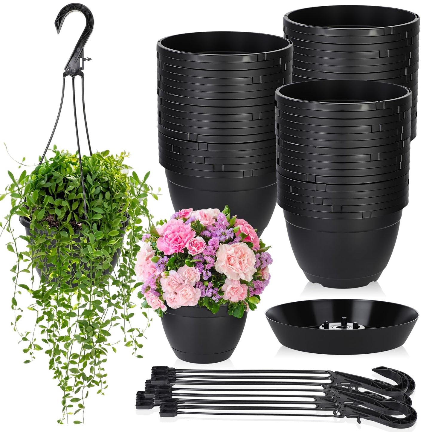 Roshtia 50 Pcs 6.3 Inch Plastic Hanging Pots for Plants Bulk with Hooks Hanging Basket Planters Pots Drainage Tray Nursery Planter Holder for Outdoor Indoor Plants Flowers Garden Balcony Porch Black
