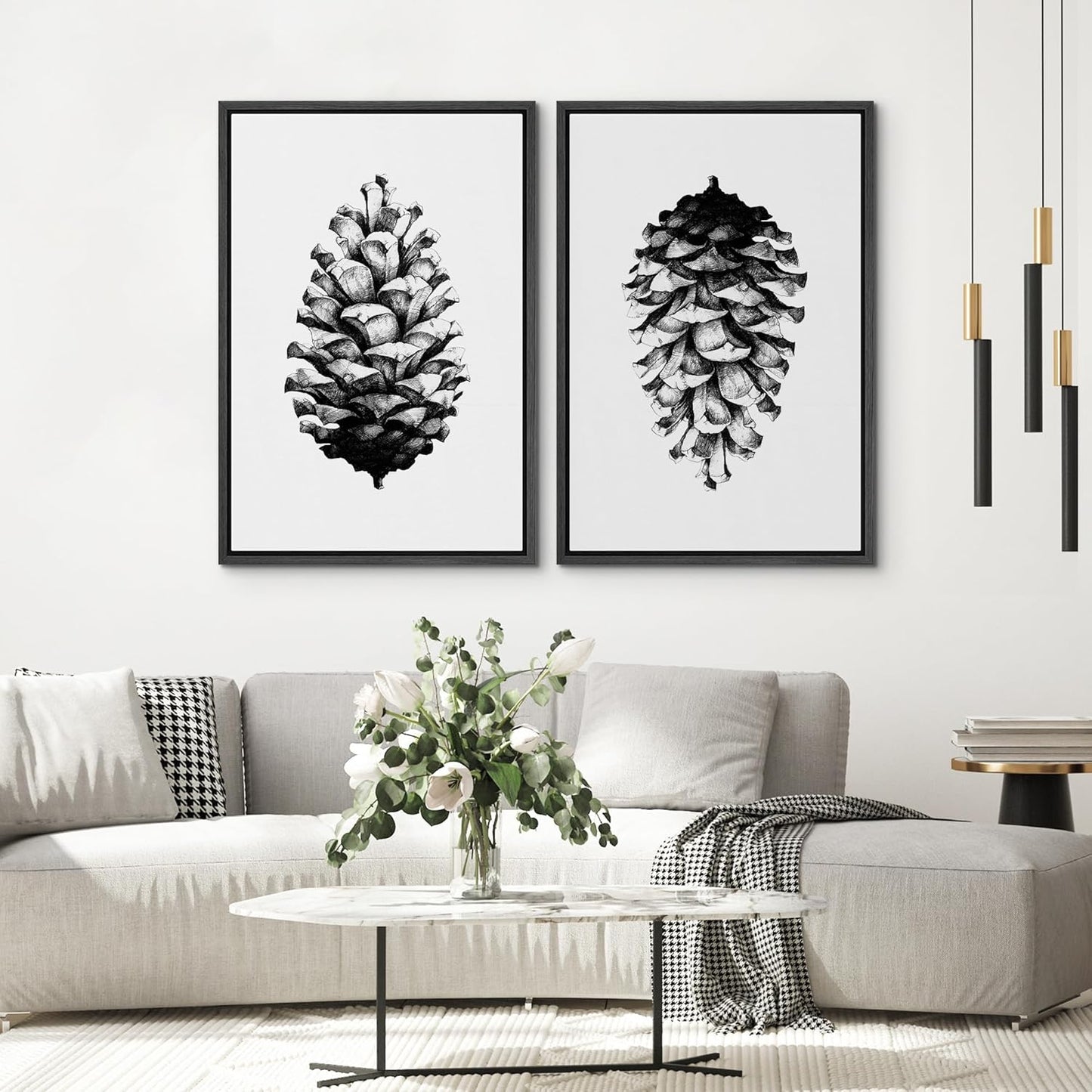 SIGNWIN Framed Canvas Print Wall Art Set Black & White Forest Woodland Pinecone Nature Wilderness Illustrations Modern Art Relax/Calm for Living Room, Bedroom, Office - 24"x36"x2 Black