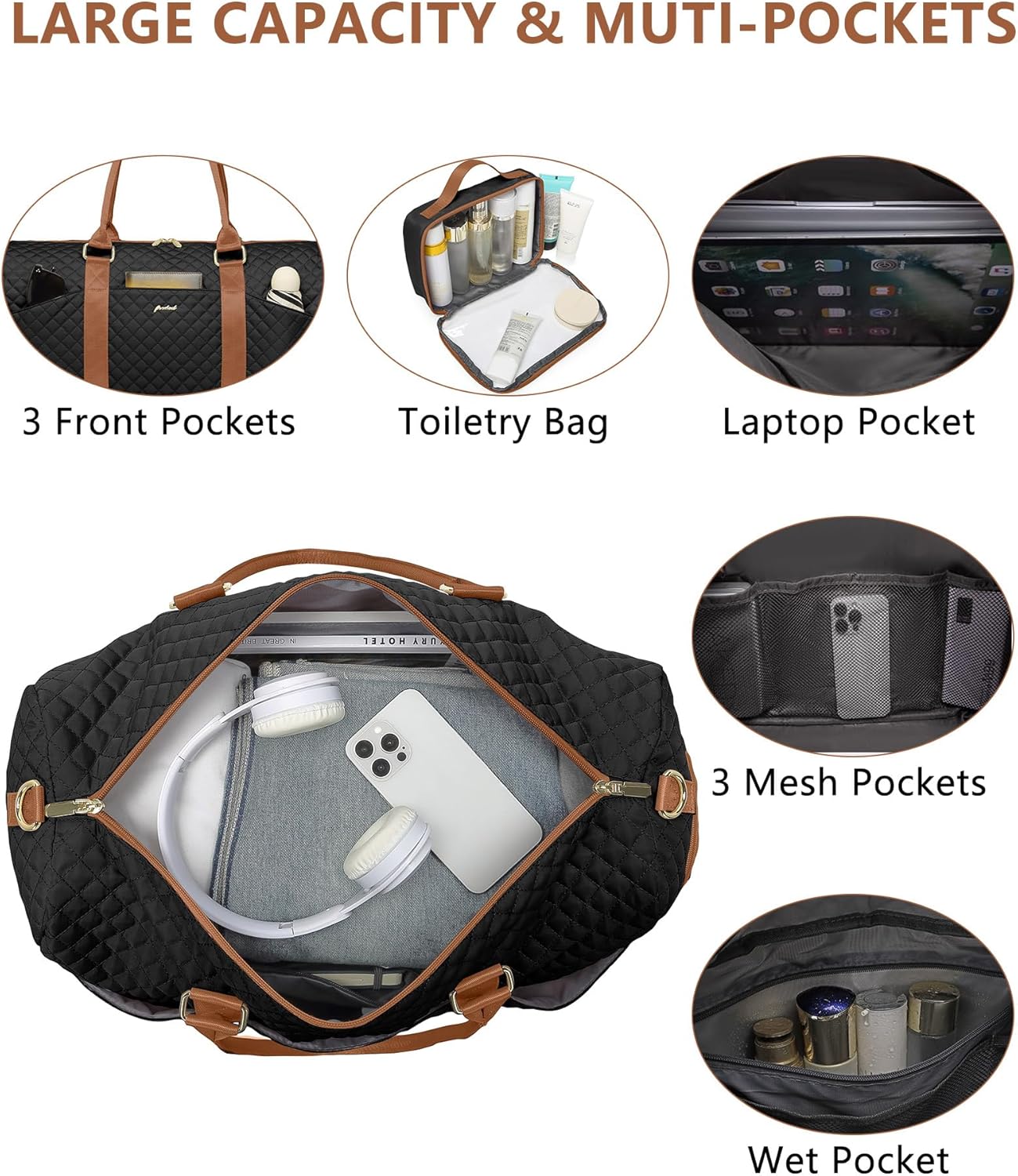 Women Duffle Weekender Travel Bag: Large Duffel Bags with Shoe Compartment Carry On Overnight Tote with Wet Pocket Traveling Weekend Gym Yoga Hospital Bag for Womens Black Brown