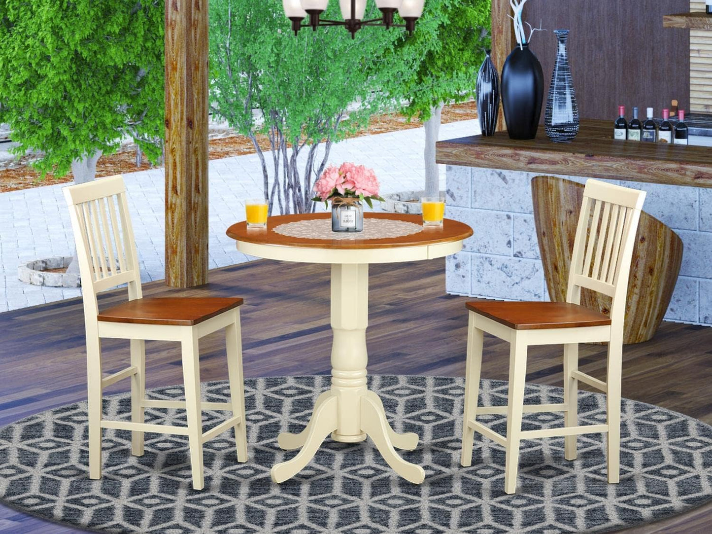 East West Furniture EDVN3-WHI-W 3 Piece Counter Height Dining Table Set Contains a Round Wooden Table with Pedestal and 2 Kitchen Dining Chairs, 30x30 Inch, Buttermilk & Cherry