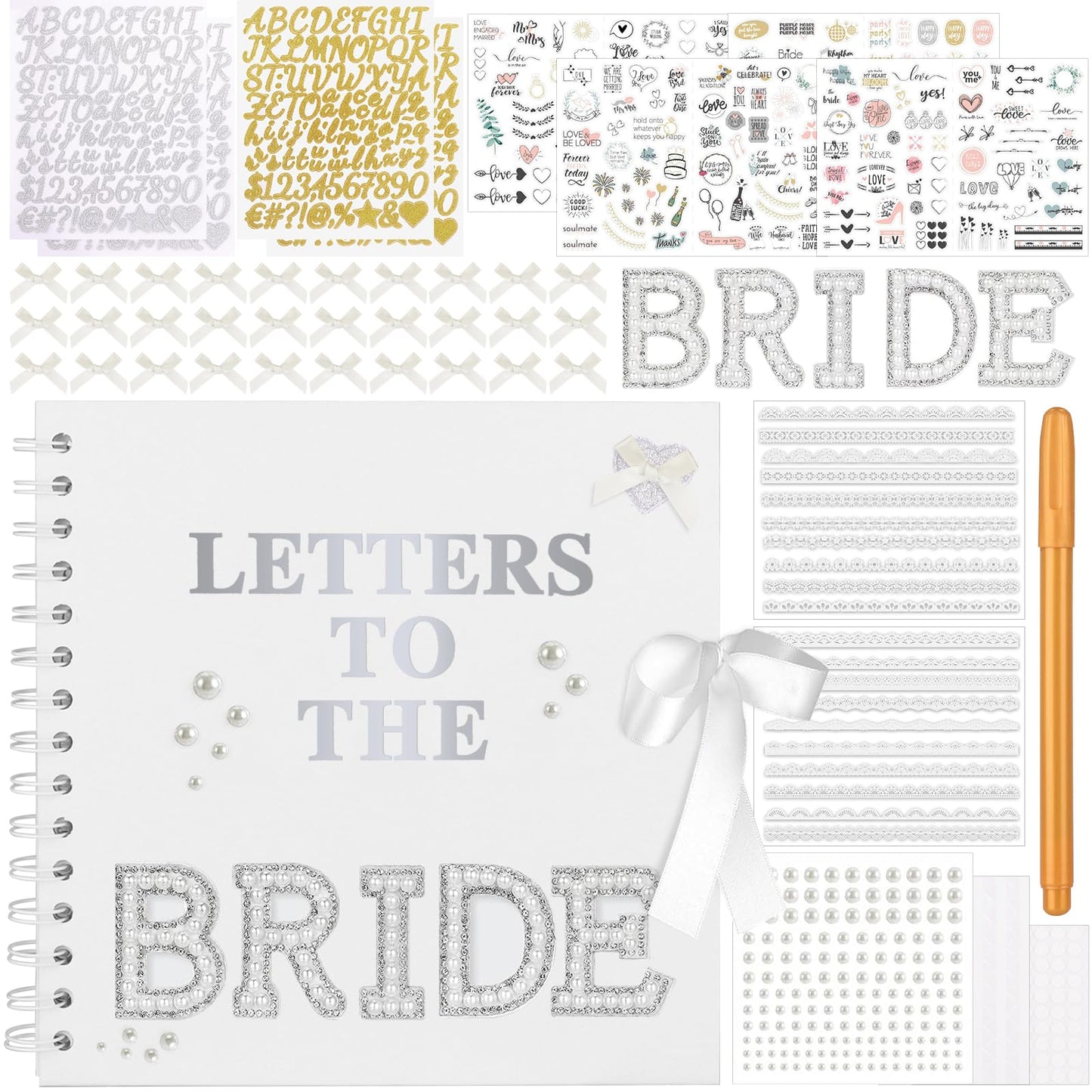 Draupnir 8 x 8 Inch Letters To The Bride Scrapbook Wedding Memory Book with Pearl Lace Wedding Metallic Letters Stickers Bows Pen Bridal DIY Blank Paper Scrapbook Photo Album Guest Book Sign