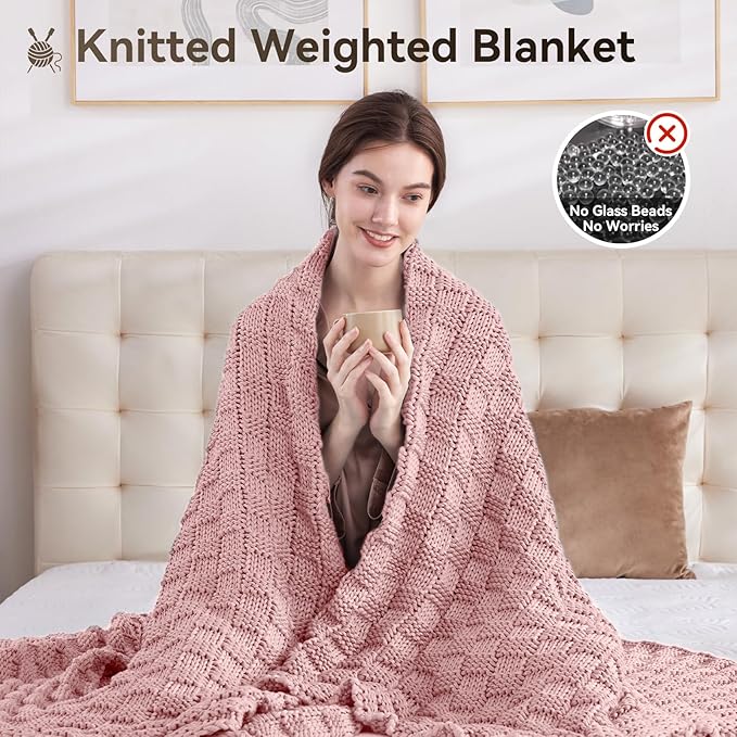 Knitted Weighted Blanket for Adult, No Beads Heavy Blanket 48” x 72'' 12lbs, Breathable Chunky Knit Blanket, Cooling Weighted Blanket for Hot Sleepers, Christmas Home Decor (HoneyPink)